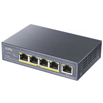Cudy GS1005P 5-Port Gigabit PoE+ Switch 60W, 4 * 10/100/1000Mbit/s PoE+ Ports, 802.3af / 802.3at, Desktop- und Wandmontage, Plug-and-Play, Metallgehäuse