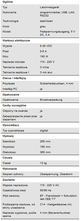Zasilacz laboratoryjny programowalny 30V 6A PeakTech 6181