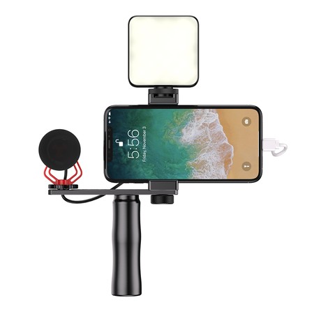 KIT Telefonmikrofon mit Selfie-Stick und LED-Lampe