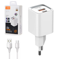 Ładowarka sieciowa USB 20W PD QC 3.0 + kabel USB-A / USB-C Szybkie Ładowanie LDNIO A2318C