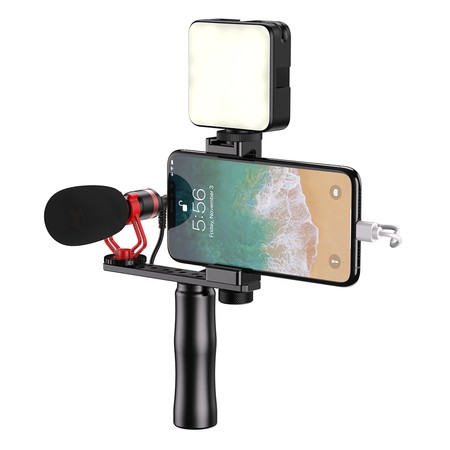 KIT Telefonmikrofon mit Selfie-Stick und LED-Lampe