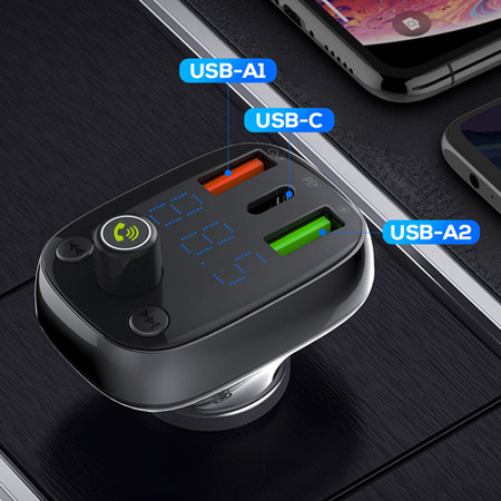 Szybka ładowarka samochodowa 36W Transmiter FM Bluetooth 5.0 LDNIO C704Q Czarna