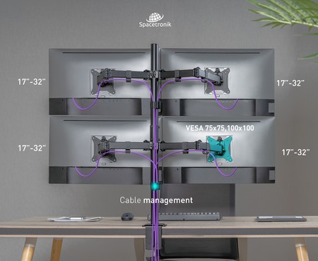 Spacetronik - Monitor-Halterung - Halterung für Vier Monitore - Bildschirm-Halterung verstellbar Links-rechts, Oben-unten - Diagonale 17 bis 32 Zoll - Höhenverstellbare Monitorerhöhung - VESA 75/100