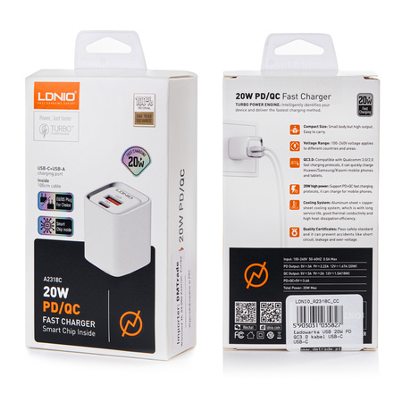 Ładowarka sieciowa USB 30W PD QC 3.0  kabel USB-C / USB-C Szybkie Ładowanie LDNIO A2317C